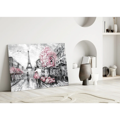 Black-and-white Eiffel Tower with pink cherry blossoms wall art canvas print