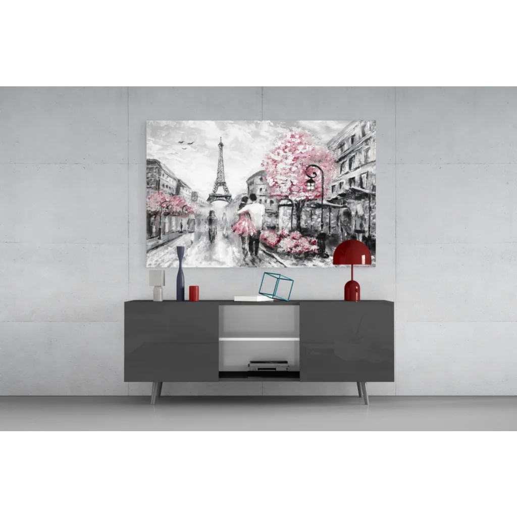 Vibrant pink cherry blossom Paris Eiffel Tower wall art canvas print