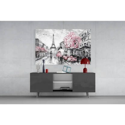 Vibrant pink cherry blossom Paris Eiffel Tower wall art canvas print