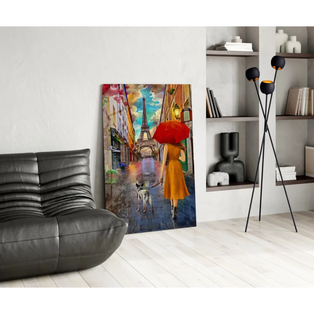 Vibrant canvas wall art of woman in orange dress with red umbrella and dog strolling rainy Paris street to Eiffel Tower