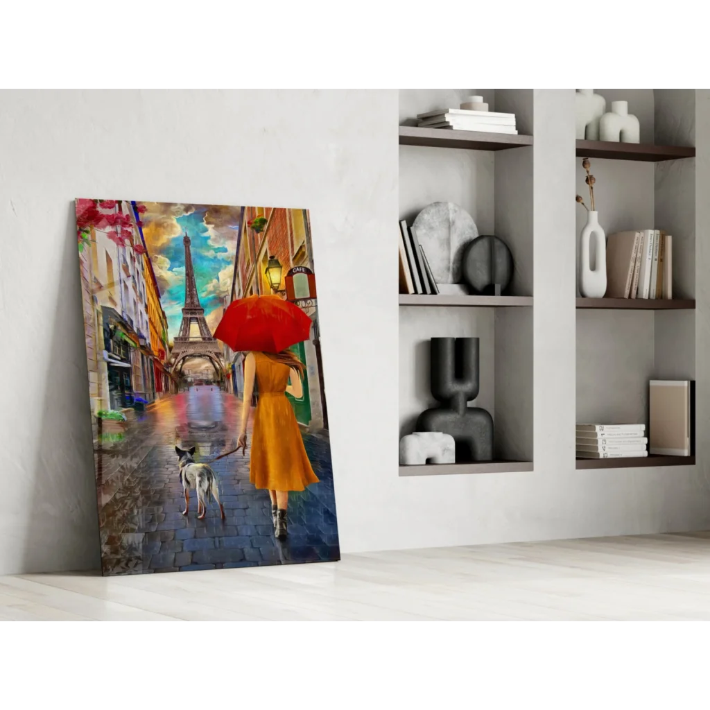 Woman in orange dress with red umbrella and dog on rainy Paris street to Eiffel Tower wall art