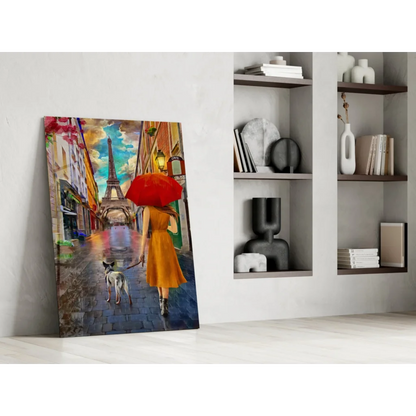 Woman in orange dress with red umbrella and dog on rainy Paris street to Eiffel Tower wall art