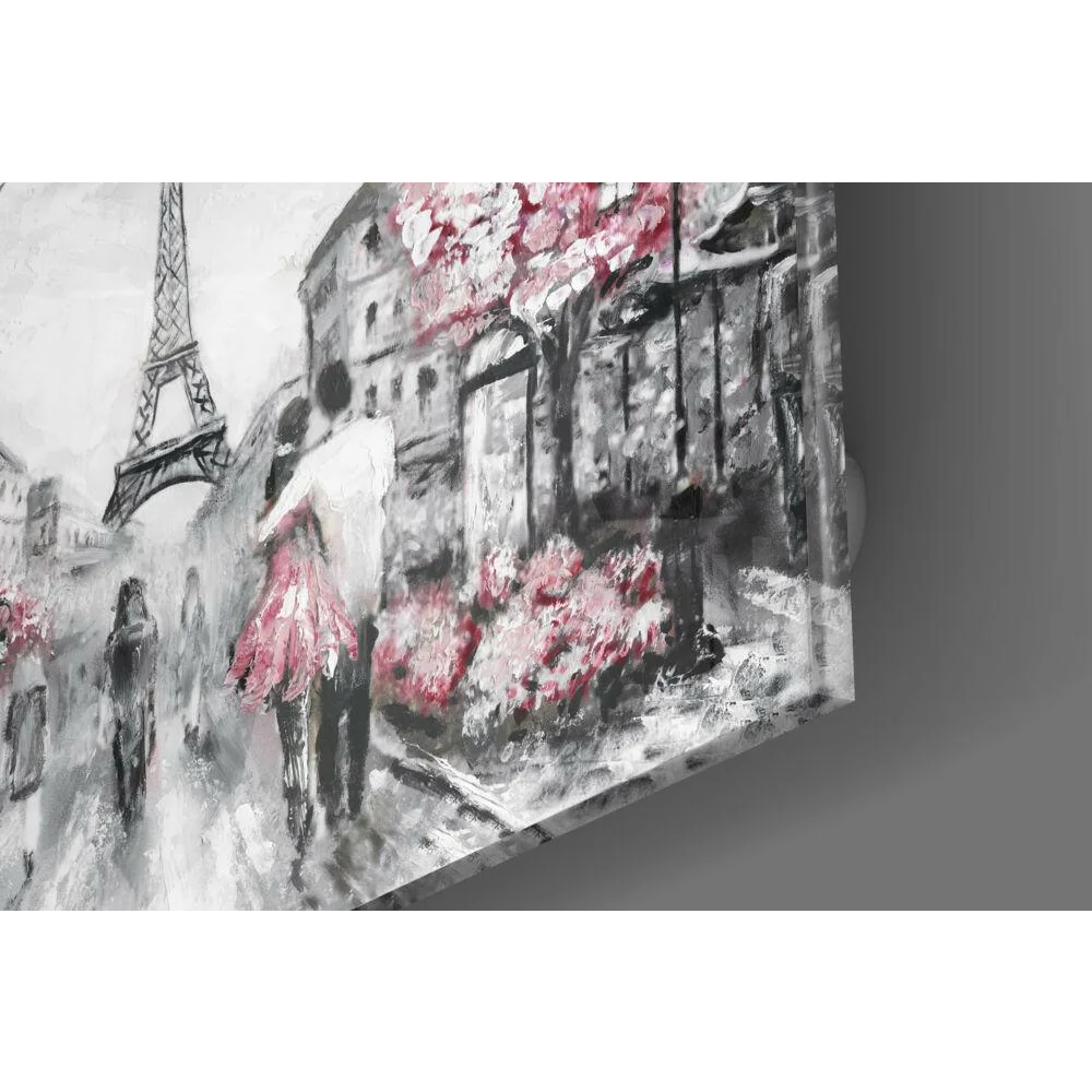 Black and white Paris Romance wall art canvas with pink blossom accents