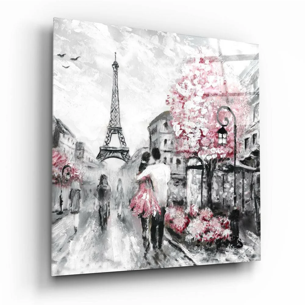 Black and white Paris street romance wall art with pink blossoms and Eiffel Tower