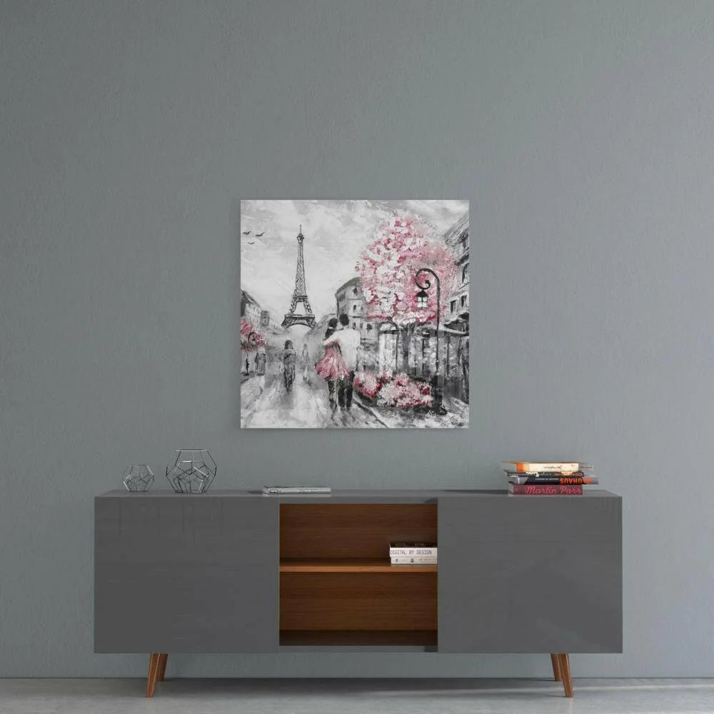 Paris Romance canvas wall art with pink cherry blossoms and Eiffel Tower