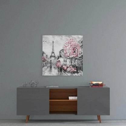 Paris Romance canvas wall art with pink cherry blossoms and Eiffel Tower