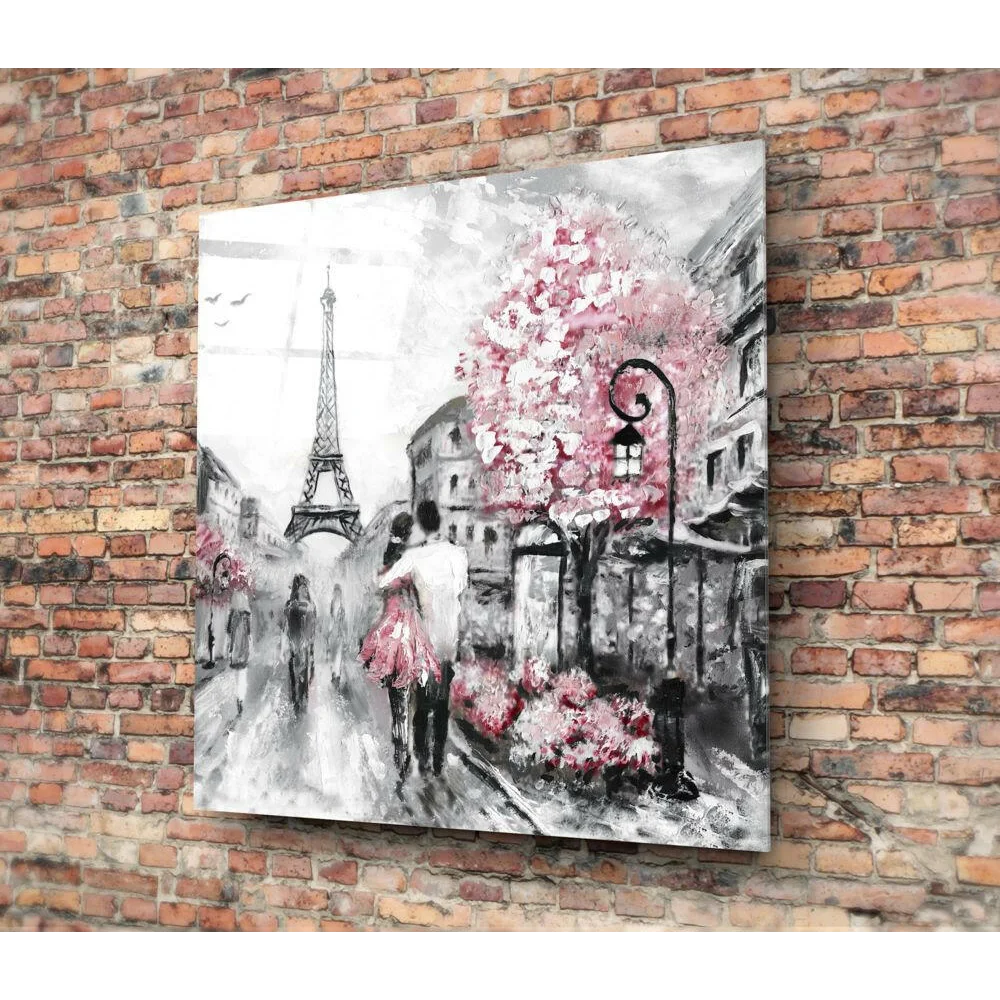 Romantic Paris street canvas wall art with Eiffel Tower and pink blossoms