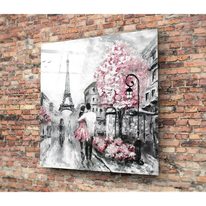 Romantic Paris street canvas wall art with Eiffel Tower and pink blossoms