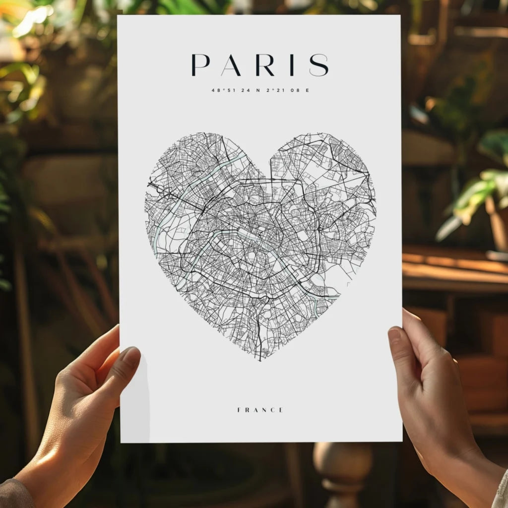 Black-and-white Paris heart map aluminum print held by hands