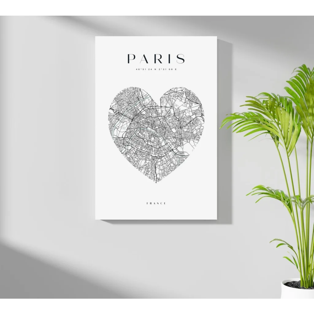 Black and white Paris heart map on insigne aluminum print