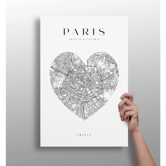 Black-and-white Paris heart map on insigne aluminum print