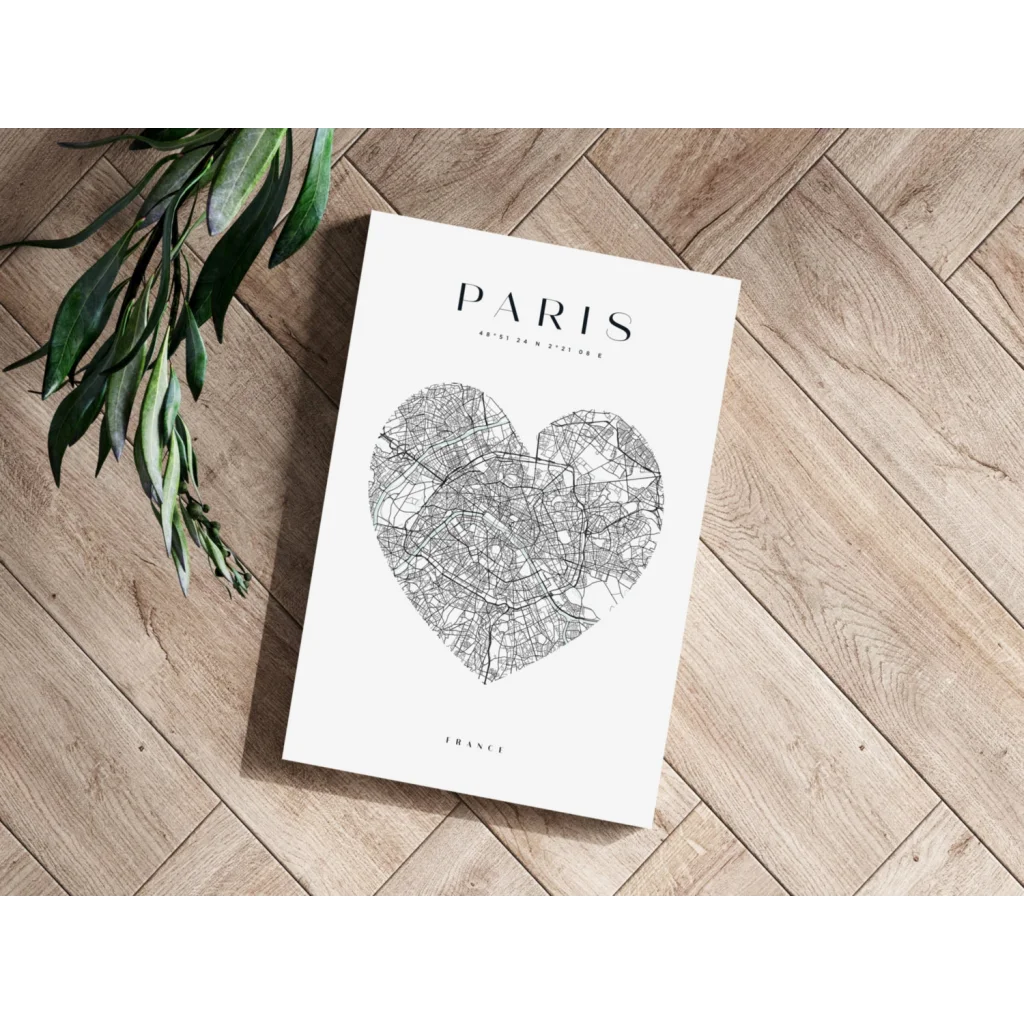 Black and white Paris heart map on insigne aluminum print