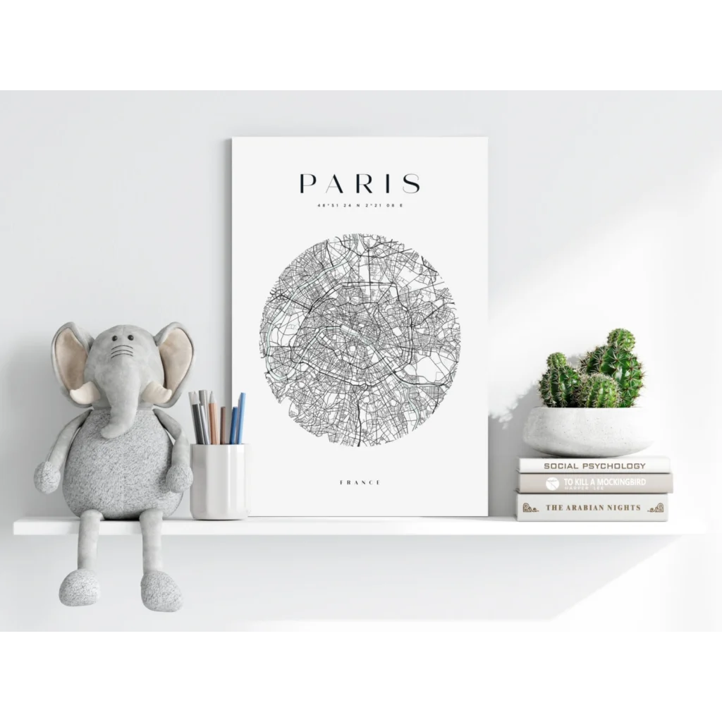 White framed Paris map insigne aluminum print with minimalist line art