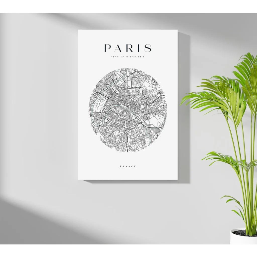 Stunning Paris map insigne aluminum print in minimalist black-and-white