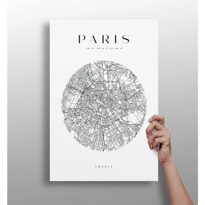 Minimalist black-and-white Paris map on insigne aluminum print