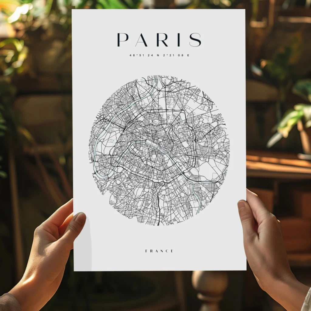 Minimalist black-and-white Paris map on insigne aluminum print for modern spaces
