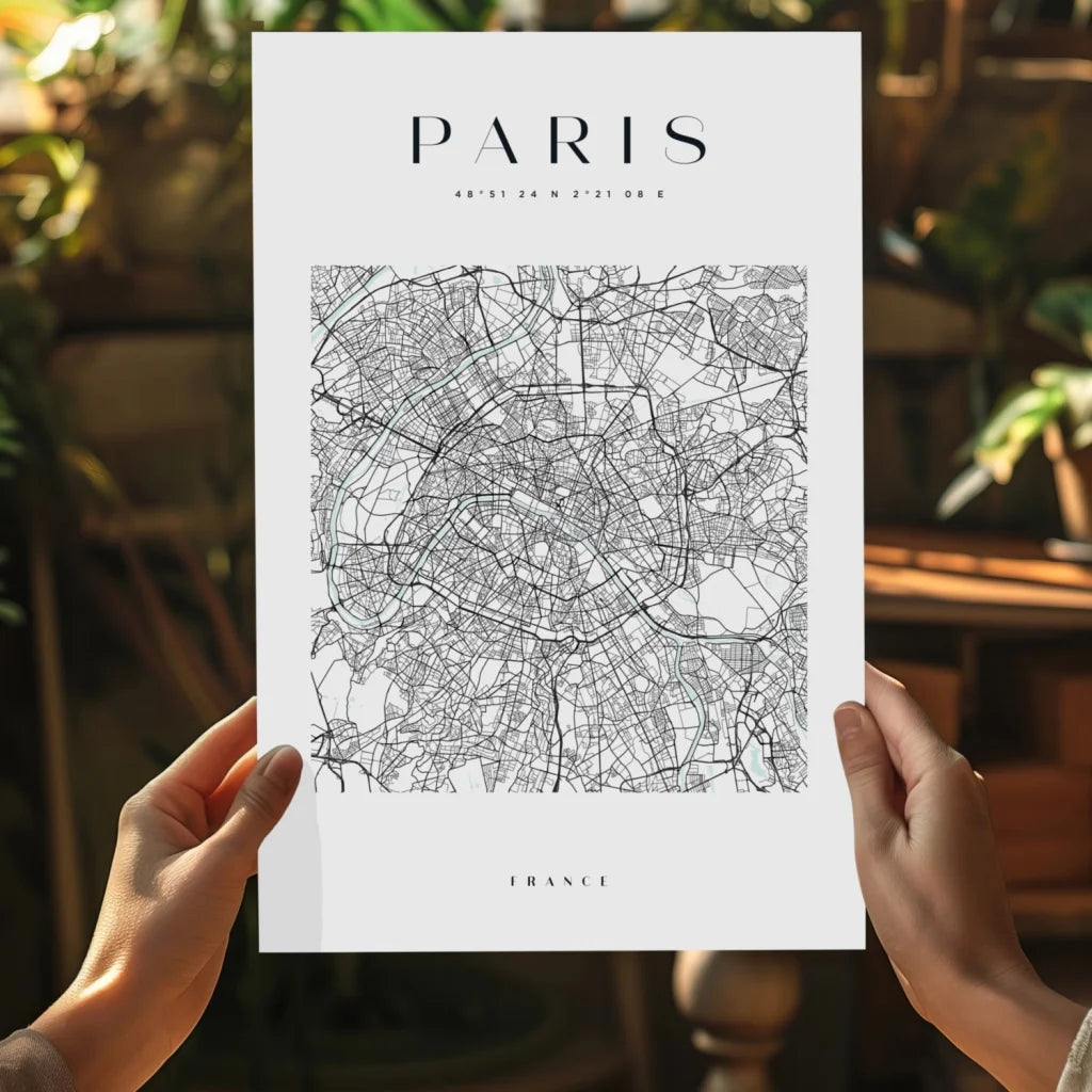 Minimalist black-and-white Paris map on insigne aluminum print poster