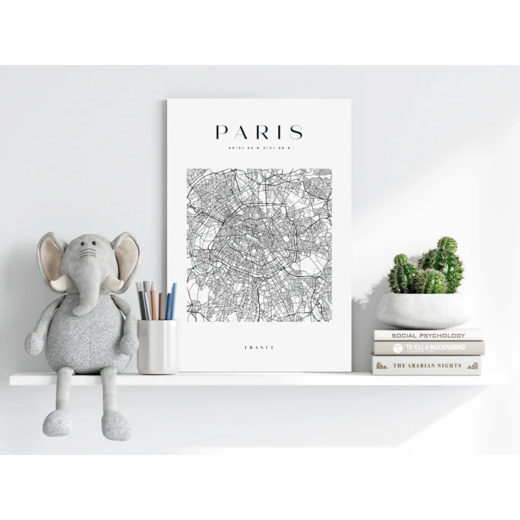 Minimalist Paris map insigne aluminum print in white frame