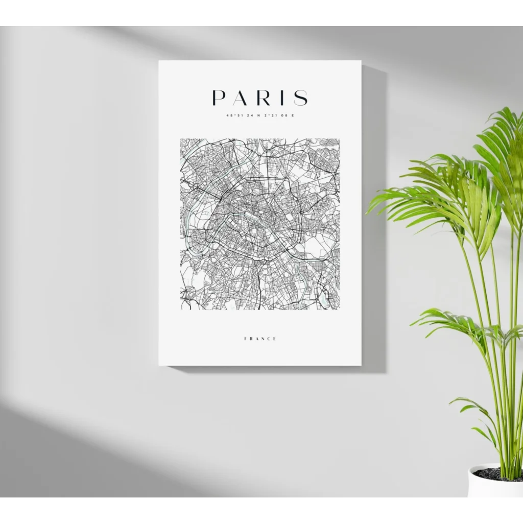 Minimalist black-and-white Paris map on insigne aluminum print