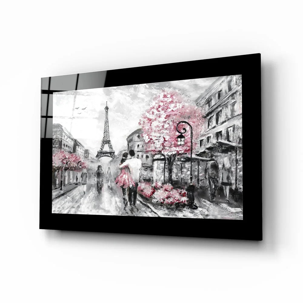 Romantic Parisian street glass wall art with pink cherry blossoms and Eiffel Tower