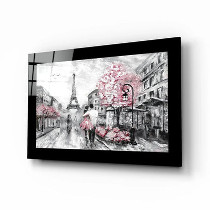 Romantic Parisian street glass wall art with pink cherry blossoms and Eiffel Tower
