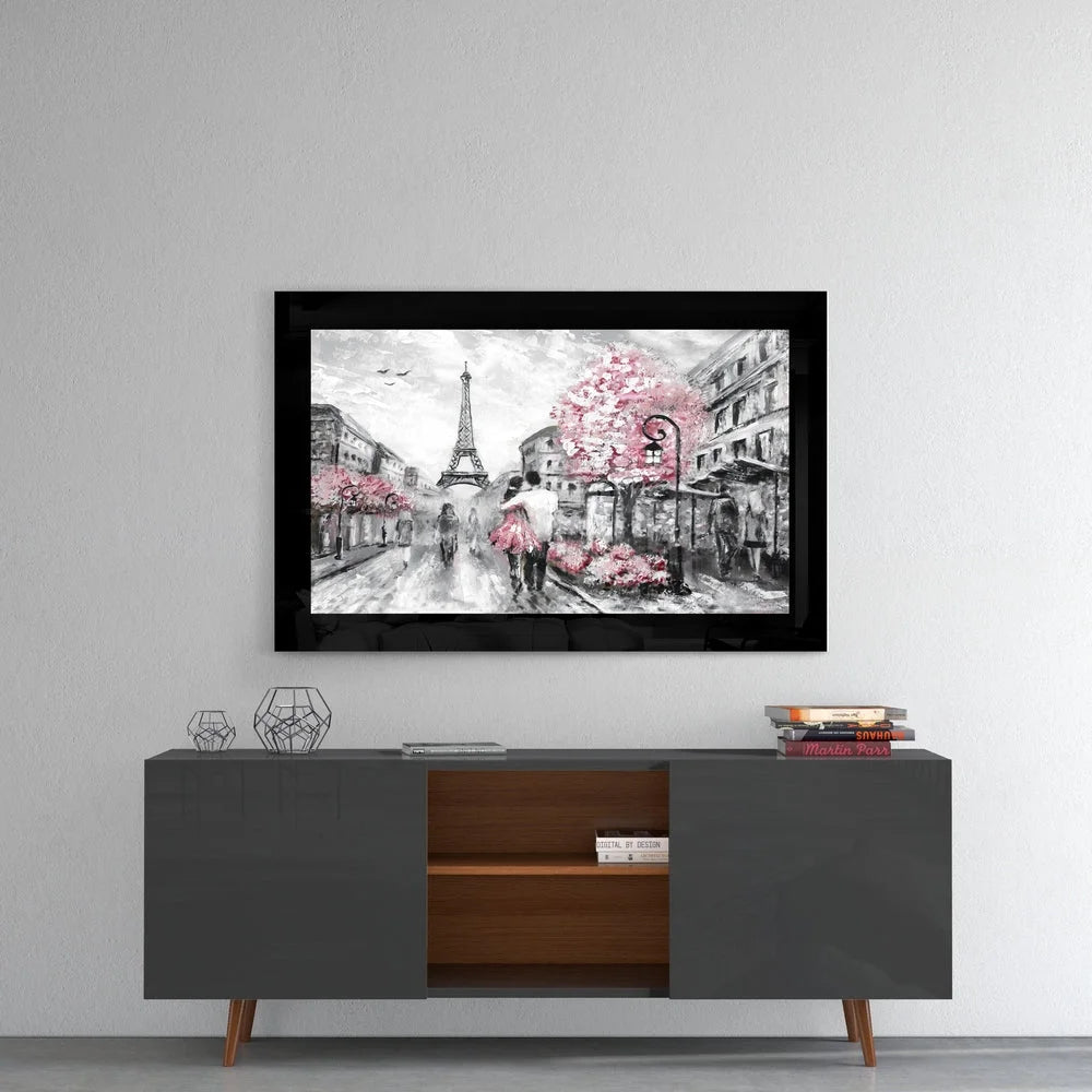 Romantic Parisian street scene with Eiffel Tower and pink cherry blossoms on black-framed wall art