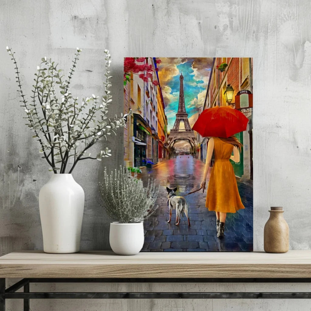 Parisian street scene canvas art with Eiffel Tower and woman in orange dress holding red umbrella