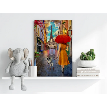 Gray elephant plush toy with white tusks on Parisian Eiffel Tower shelf