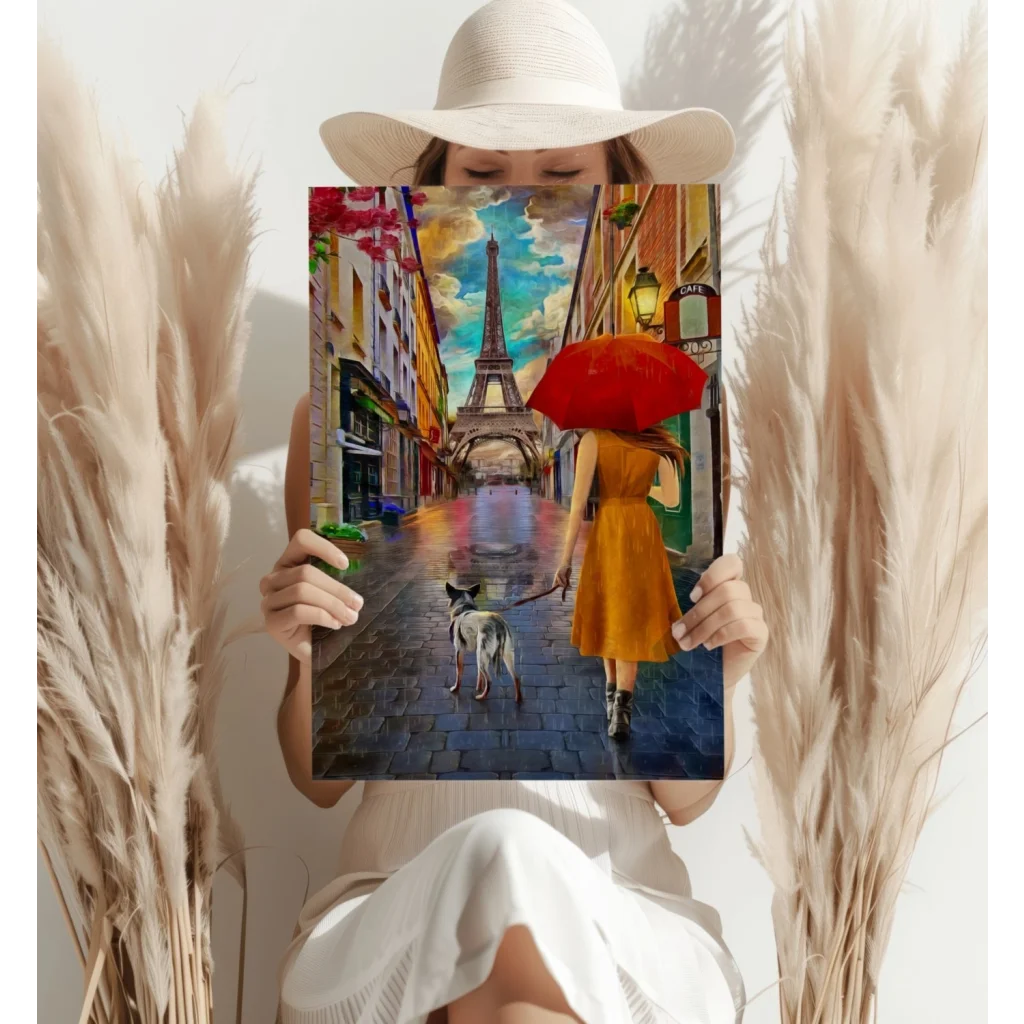 Parisian red umbrella with Eiffel Tower art, black handle, white polka dots