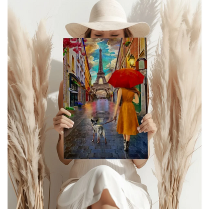 Parisian red umbrella with Eiffel Tower art, black handle, white polka dots