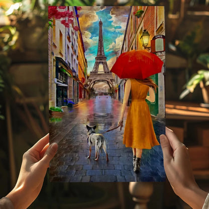 Parisian red umbrella with black handle and yellow dress Eiffel Tower art print