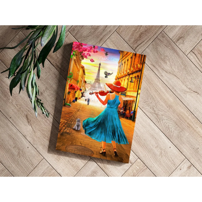 Blue dress violinist with Eiffel Tower in Paris street scene canvas print
