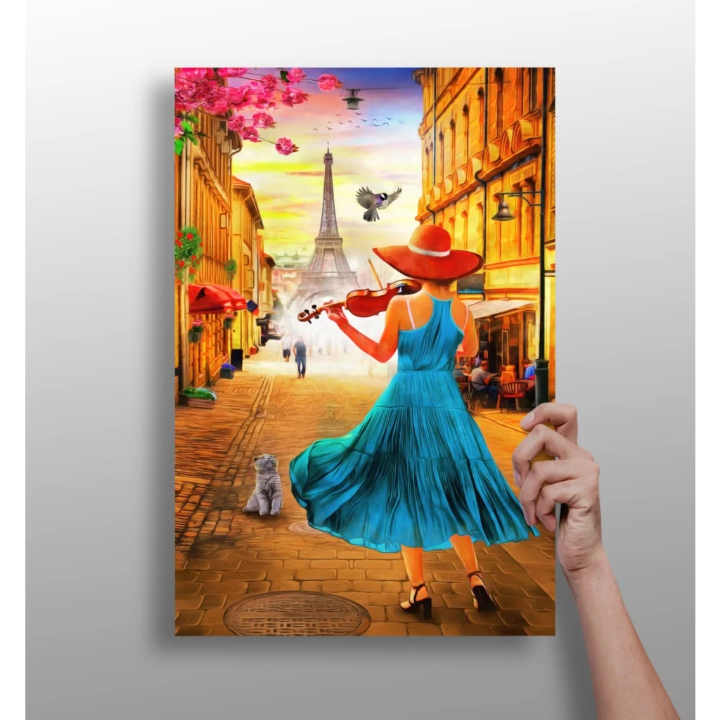 Elegant blue flowing dress with red hat and violin, Eiffel Tower backdrop