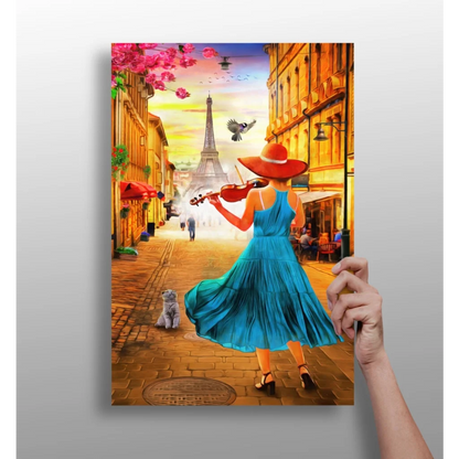 Elegant blue flowing dress with red hat and violin, Eiffel Tower backdrop