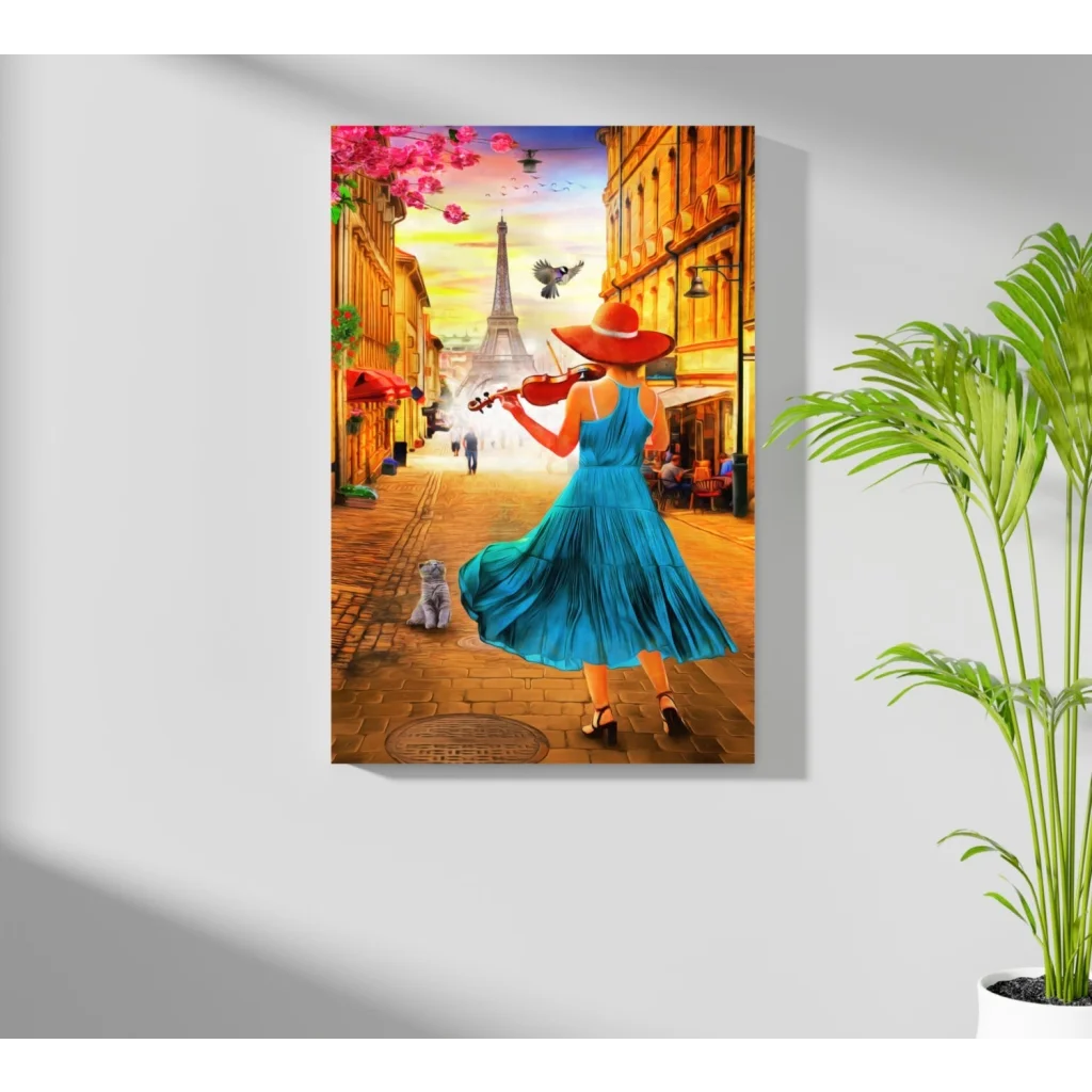 Parisian violinist in blue dress with red hat and Eiffel Tower canvas art