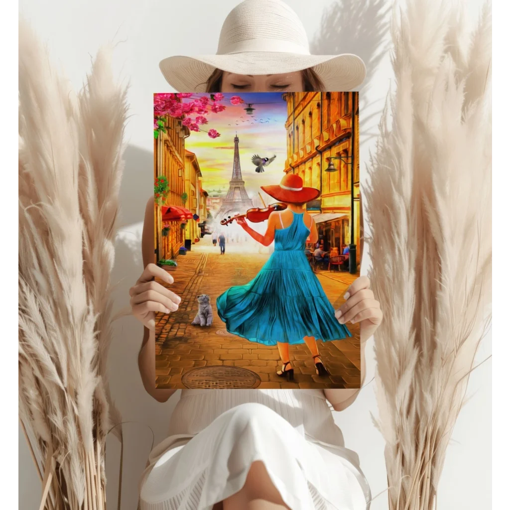 Parisian violinist in blue dress with red hat and Eiffel Tower canvas print