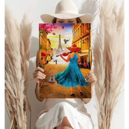 Parisian violinist in blue dress with red hat and Eiffel Tower canvas print