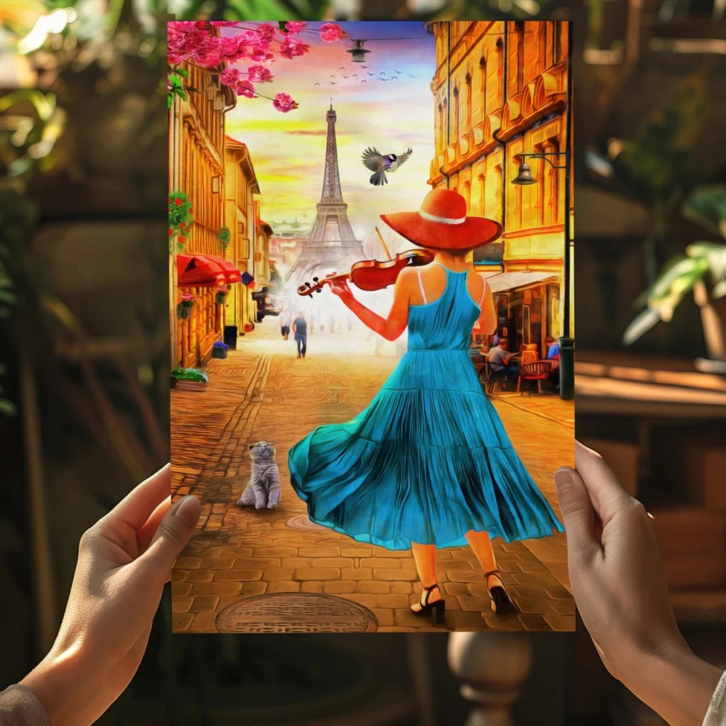 Parisian violinist in blue pleated dress with red hat and Eiffel Tower