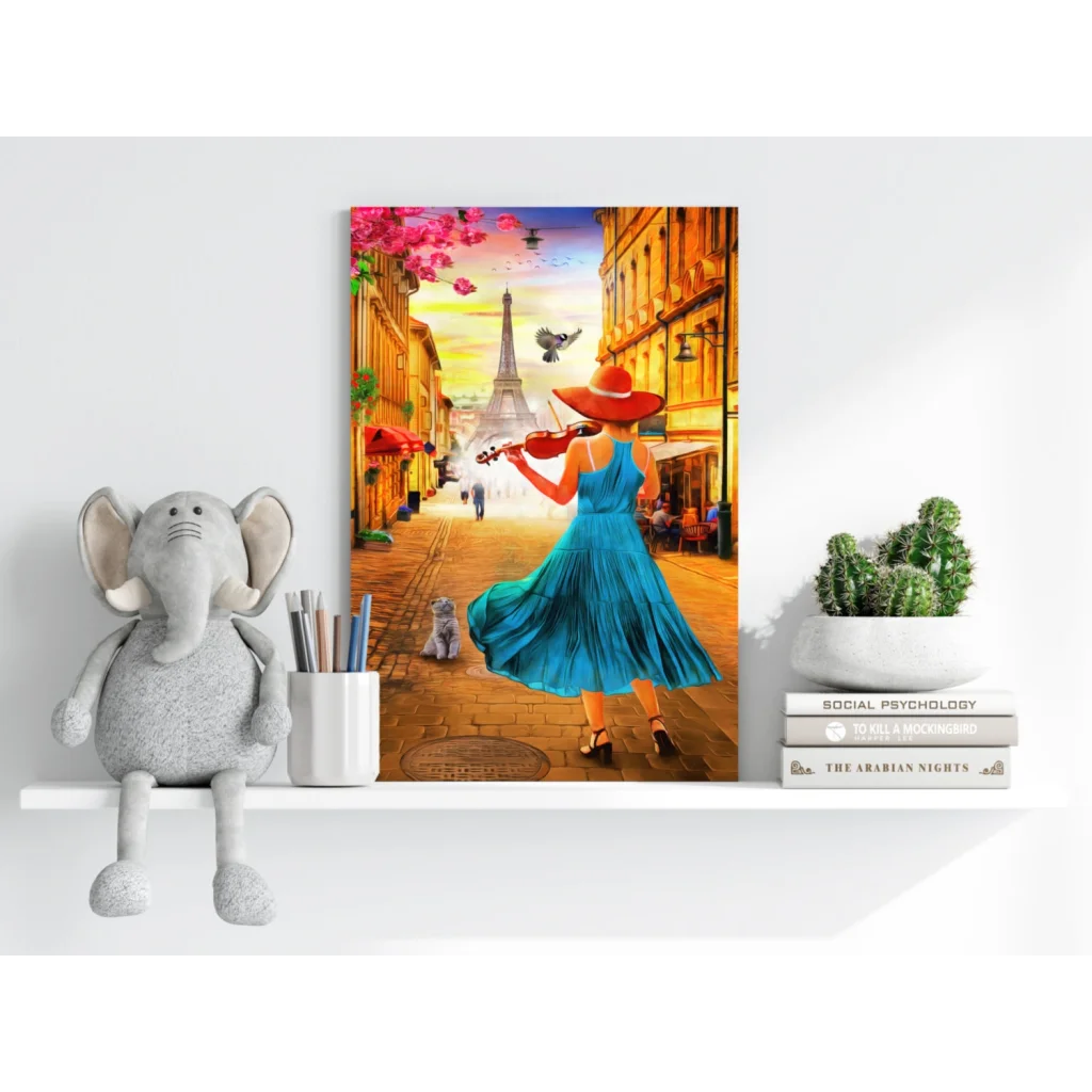 Gray elephant plush toy with white tusks on shelf, Parisian violinist vibe