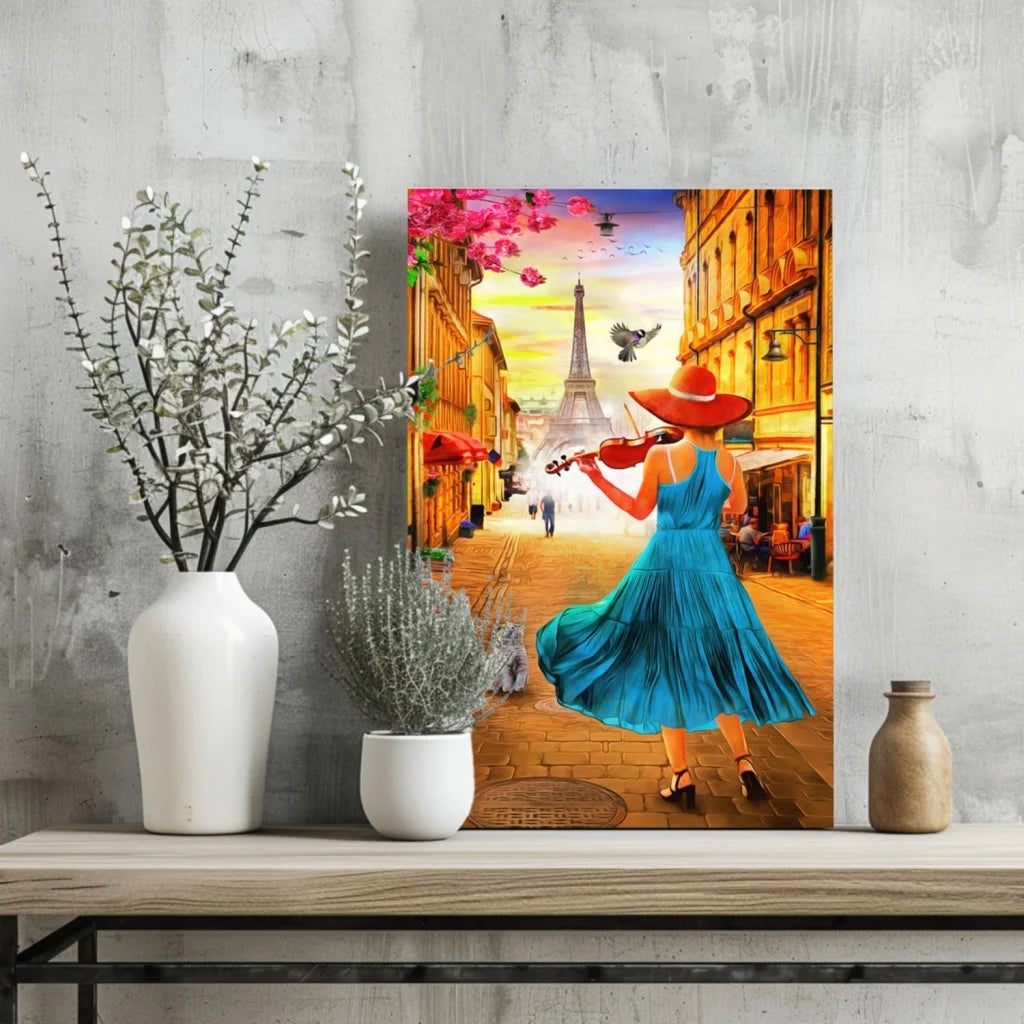 Parisian violinist in blue dress with Eiffel Tower canvas print