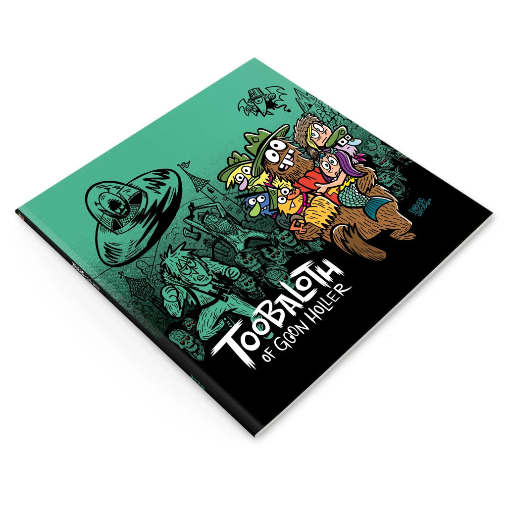 Comic book with teal and black cover, featuring mythical creatures and UFO from Parker Jacobs Goon Holler
