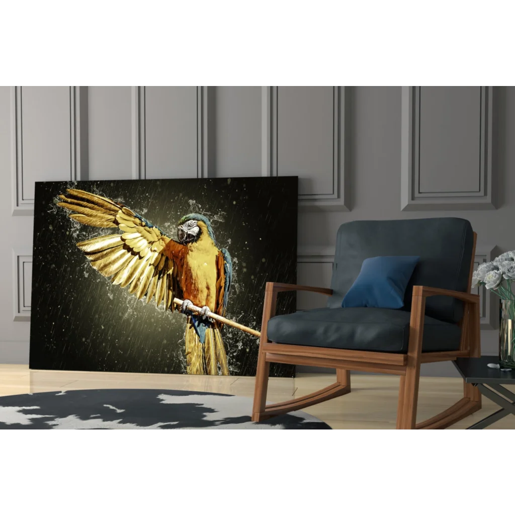 Vibrant golden blue macaw glass wall art with dynamic water splash