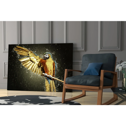 Vibrant golden blue macaw glass wall art with dynamic water splash