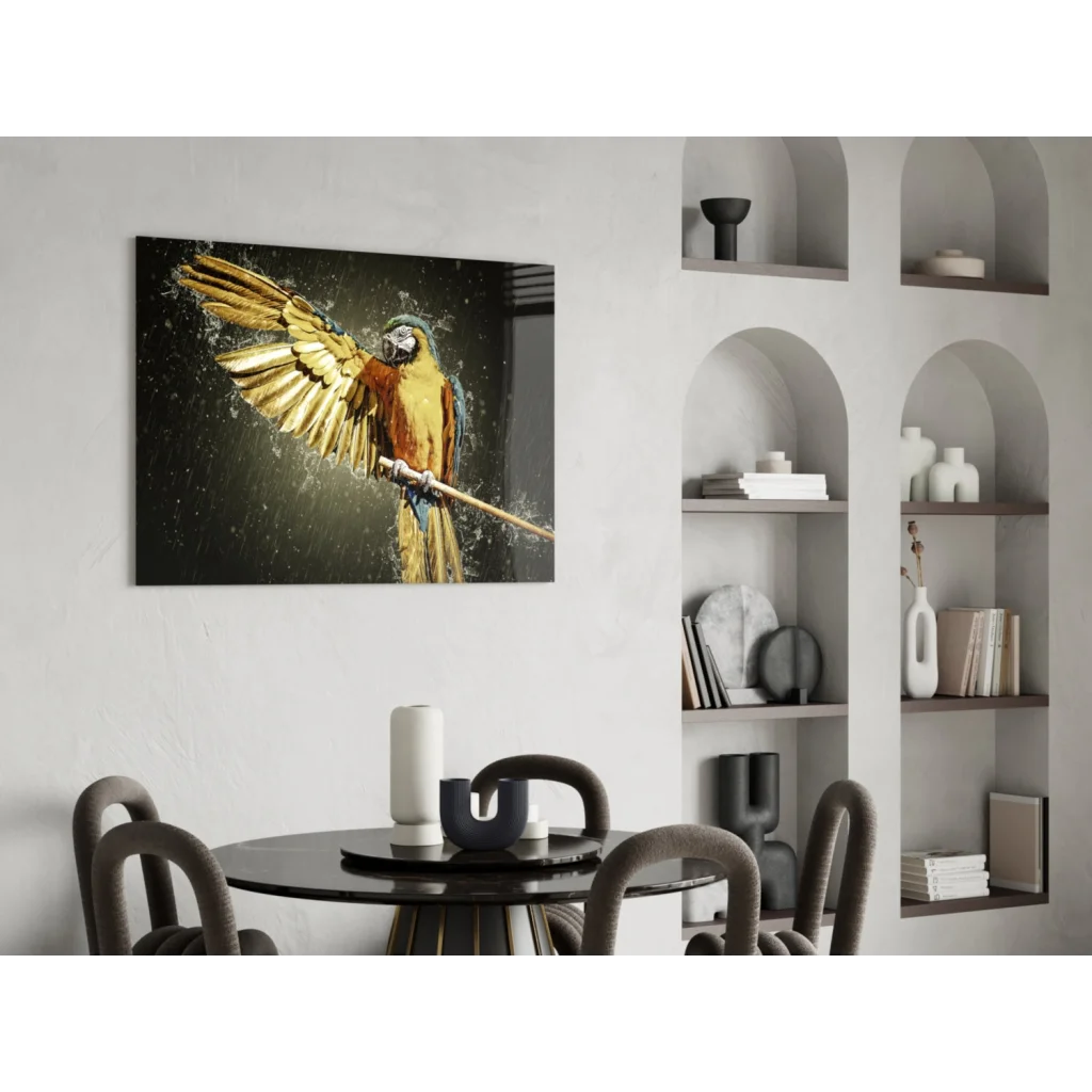 Stunning golden macaw glass wall art with vibrant water splash wings