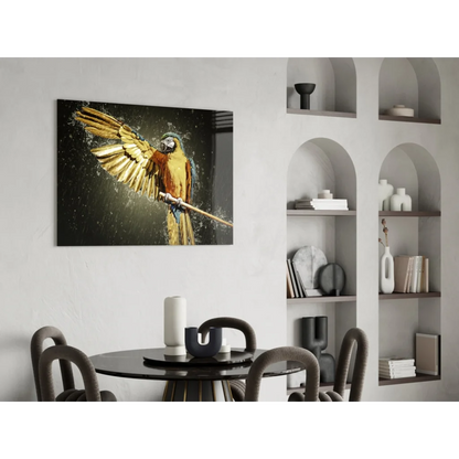 Stunning golden macaw glass wall art with vibrant water splash wings