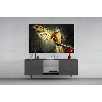 Vibrant golden-yellow macaw glass wall art with water splash design