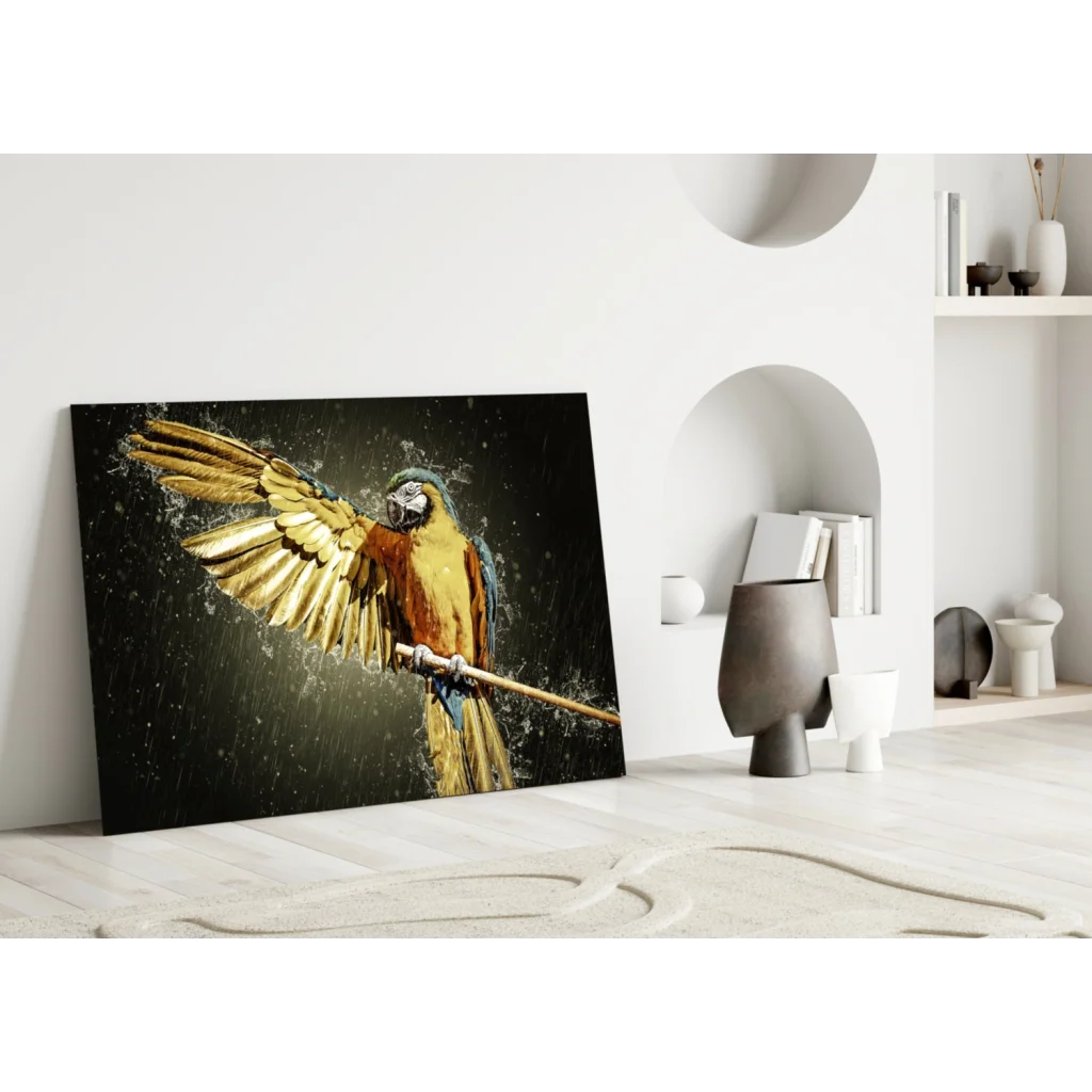 Stunning Macaw Glass Wall Art with Vibrant Water Splash Design | Modern Wall Art Decor | vintageantiquesgifts.com