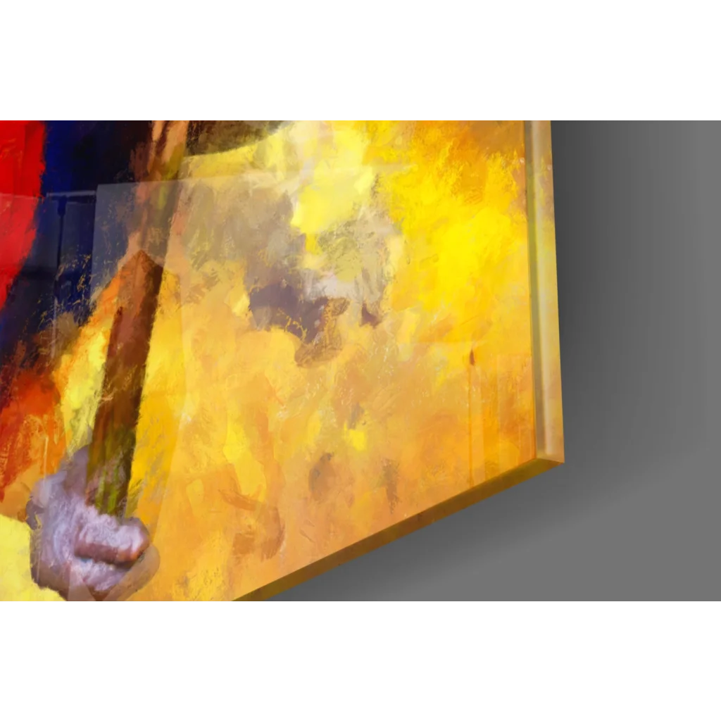 Vibrant abstract glass wall art print of hand holding staff in bold yellow, orange, red