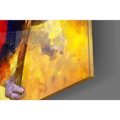 Vibrant abstract glass wall art print of hand holding staff in bold yellow, orange, red