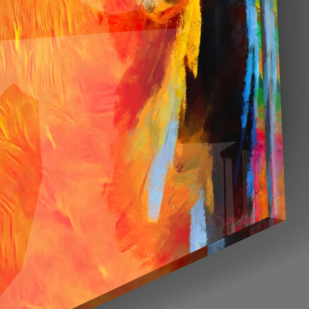 Vibrant macaw glass wall art with bold orange, yellow, and blue strokes